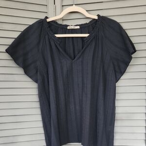 Marine Layer V-neck Textured Navy Blue Short Sleeve Top Casual Summer Coastal